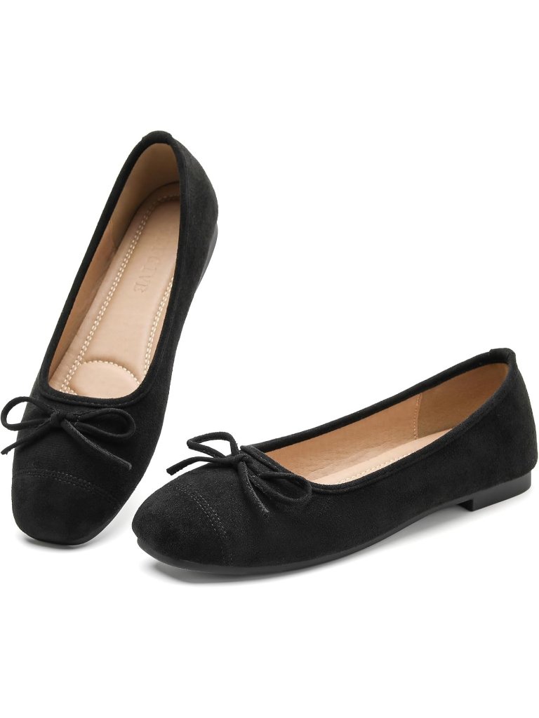 Women's All Black Round Toe Ballet Shoes Flats Comfortable Shoes Slip On Work